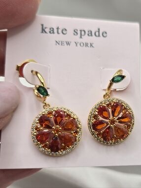 Kate Spade Orange Slice Drop Earrings Goldtone Crystal Citrus